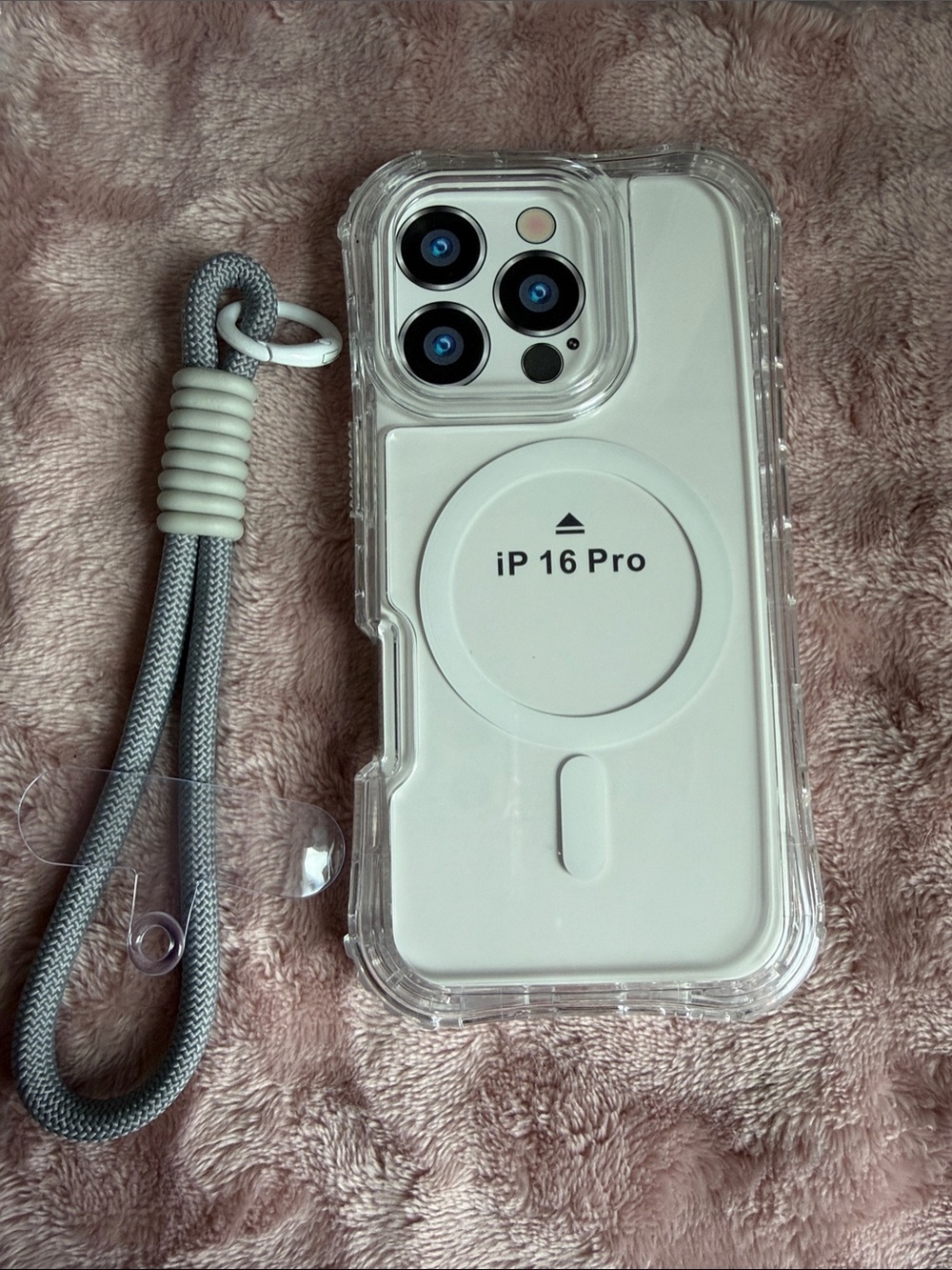 Clear Protective Phone Case with White MagPad and Gray Wrist Strap